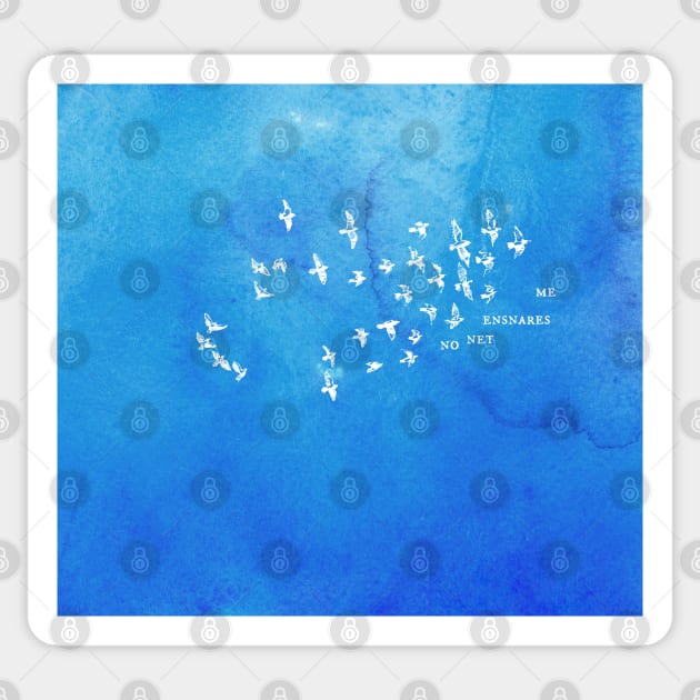 "No net ensnares me" + flock of birds - Jane Eyre quote, Charlotte Bronte (white text on blue watercolor) Sticker by Ofeefee